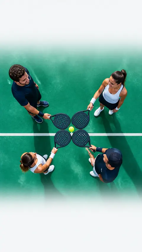 Vier Padelspieler führen ihre Schläger über einem Ball zu einer Gruppe zusammen.