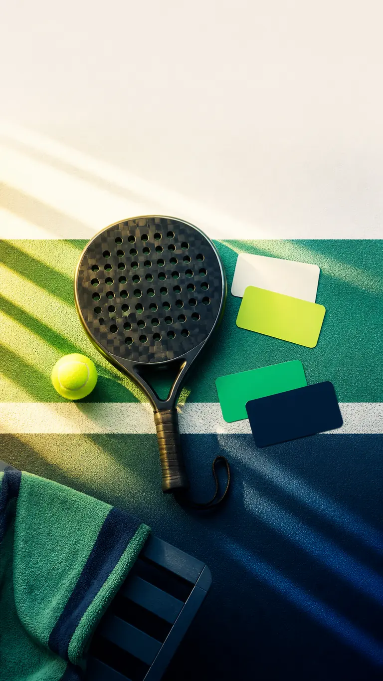 Padelschläger, Ball und farbige Zeitkarten liegen im Sonnenlicht auf dem Court.