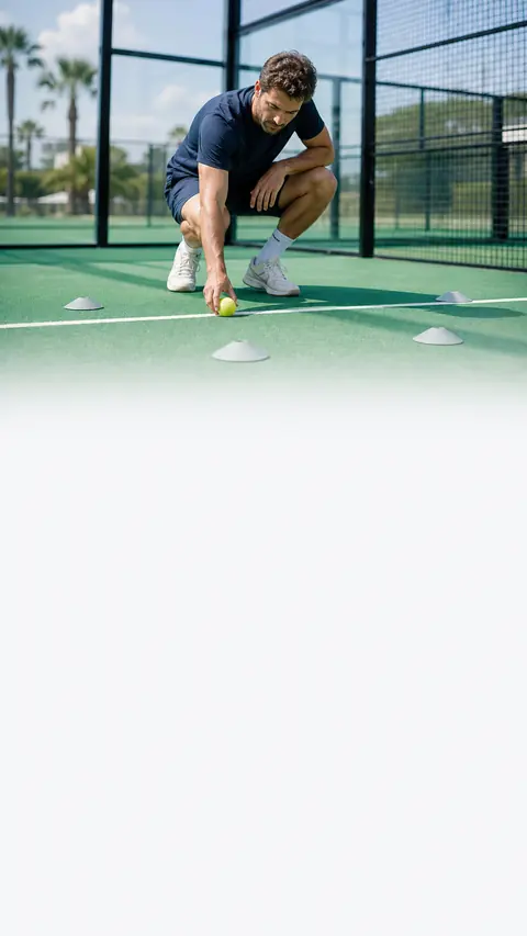 Ein Padelspieler markiert auf einem sonnigen Court den Platz für ein neues Match.