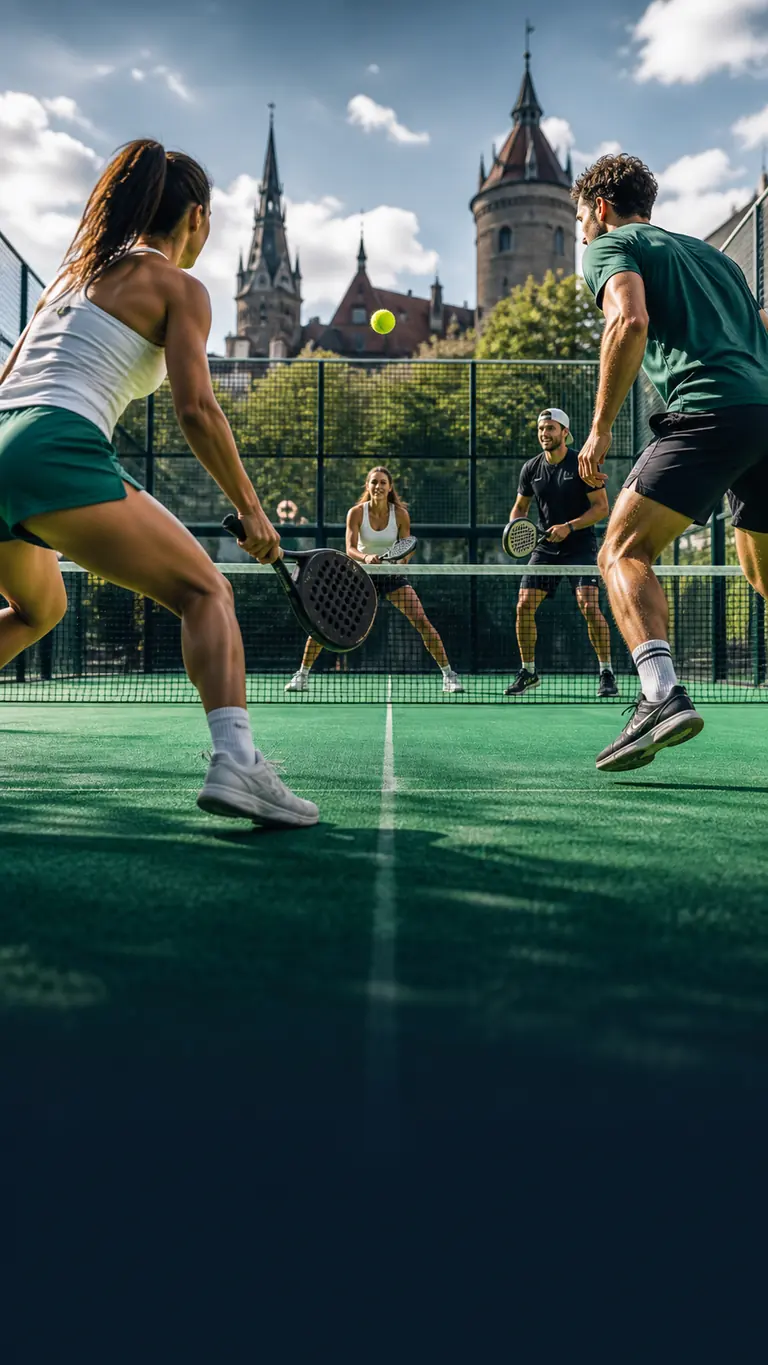 Vier Personen spielen gemeinsam Padel auf einem grünen Court in der Stadt.