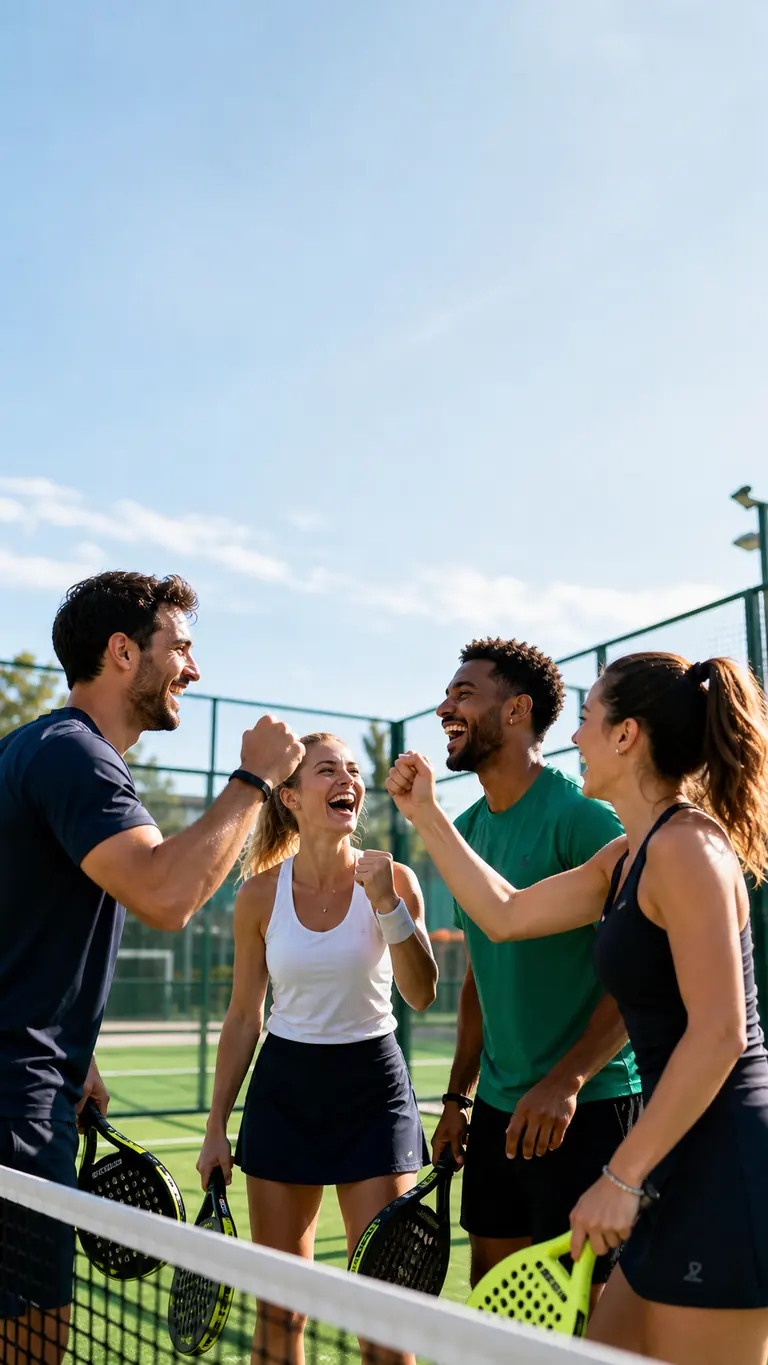 Vier Freunde feiern gemeinsam ihre Padelrunde am Netz.