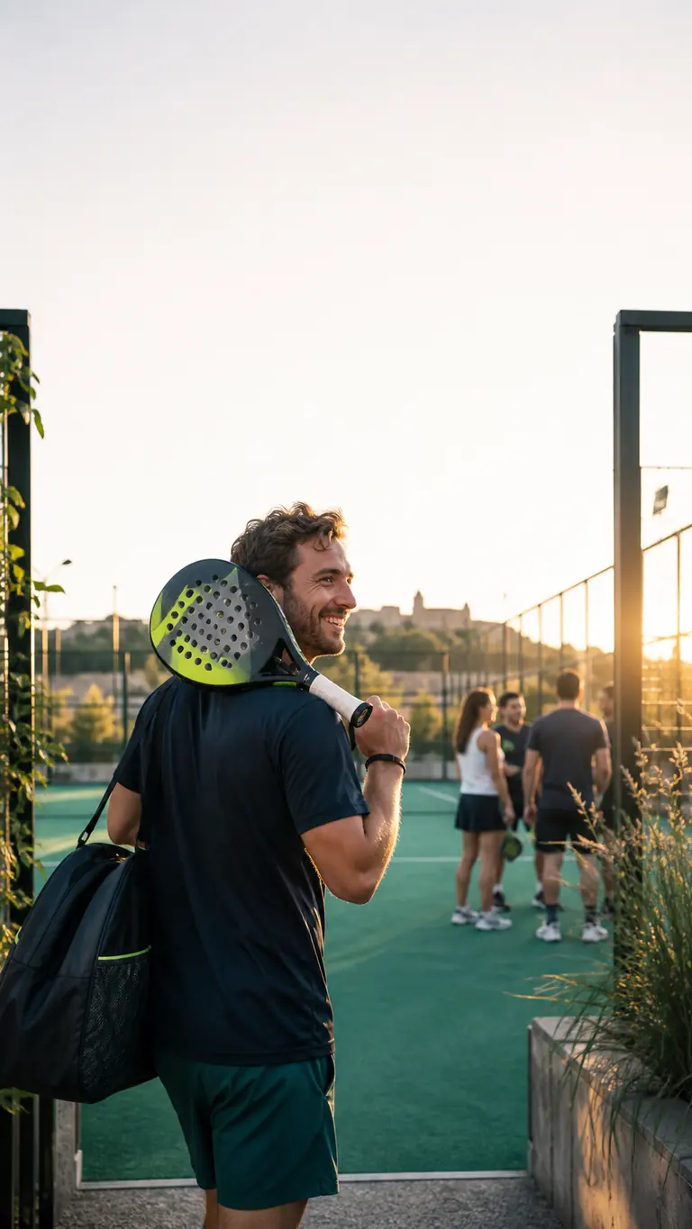 Ein Padelspieler kommt mit Schläger und Sporttasche am sonnigen Court an.