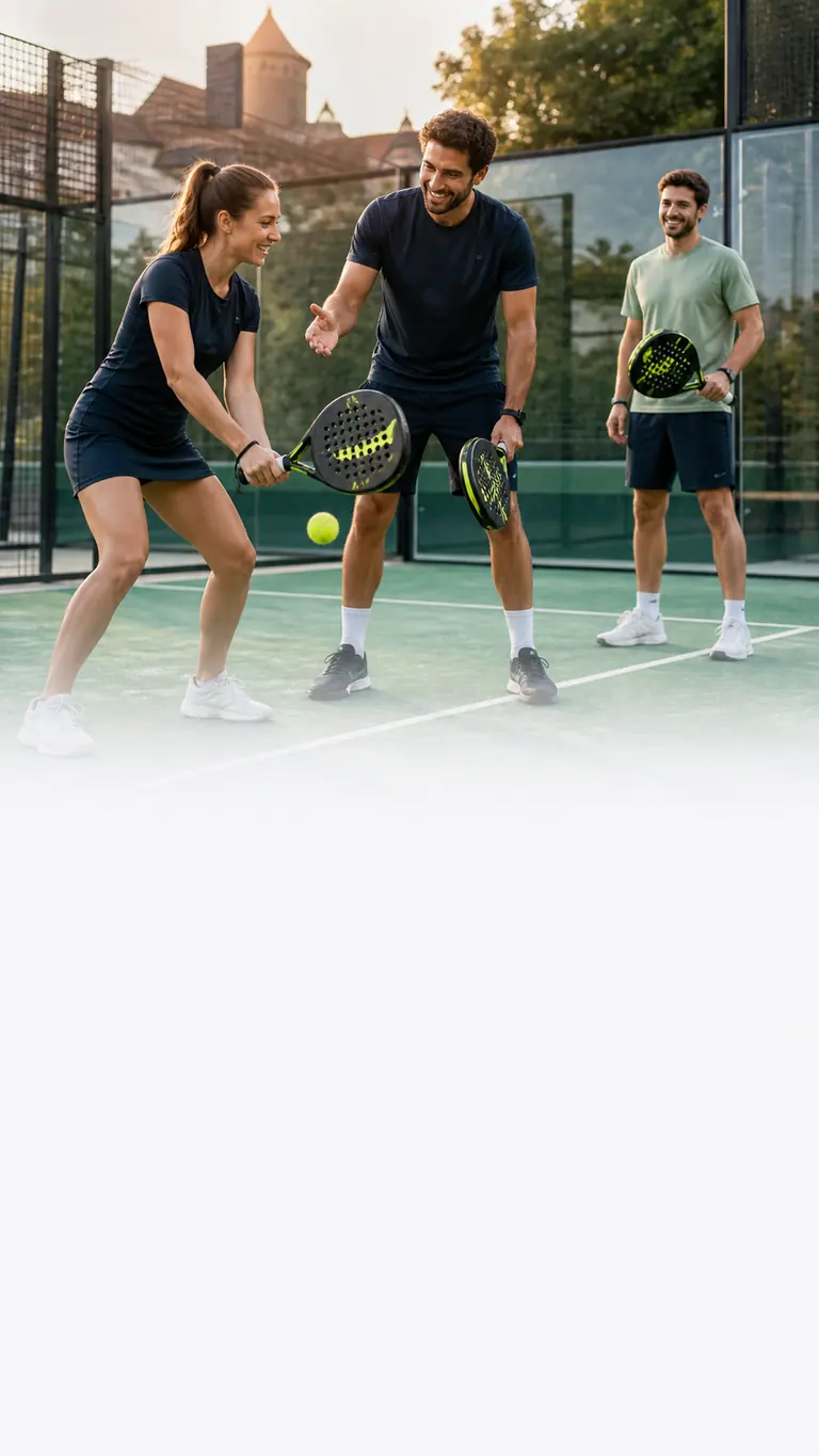 Drei Padelspieler vergleichen spielerisch ihre Fähigkeiten auf dem Court.